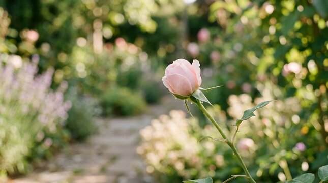 Soft pink rose bud in a lush garden with blurred background.