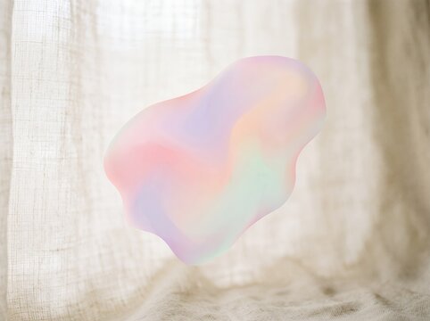 Soft Pastel Rainbow Cloud Shape Floating Gently Against Sheer Curtains.