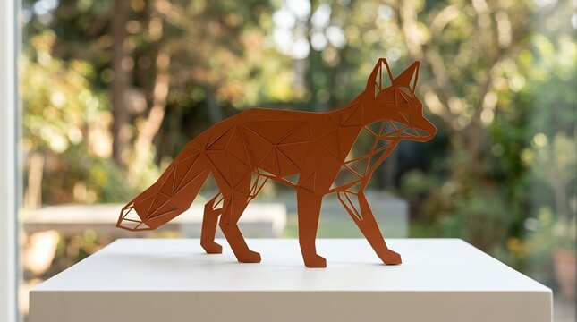 Stylized Fox Sculpture on Pedestal Outdoors.