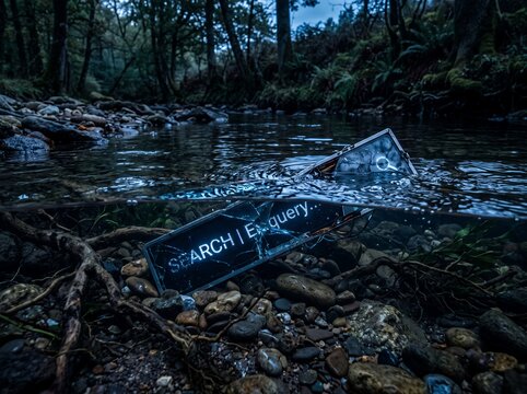 Submerged computer keyboard in a forest stream representing digital pollution.