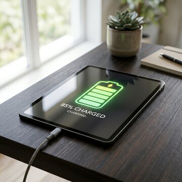 Tablet computer charging on a wooden desk with a plant and notebook.