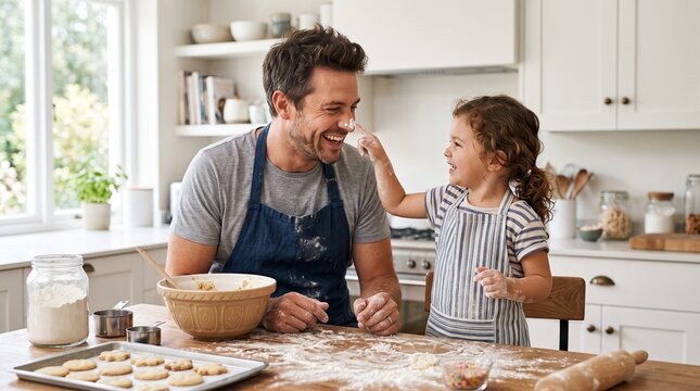 A father and daughter preparing cookies in a kitchen, sharing a warm and joyful moment.