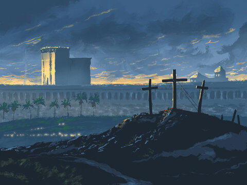Imagined view of Calvary with the city of Jerusalem in the background. Herod's Temple is here seen catching the light of the setting sun. Darkness overshadows the land. Biblical illustration.