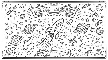 Whimsical Rocket Mission Doodle featuring Planets and Stars in Space. © pixmastock