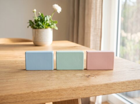 Three pastel colored blocks arranged in a row on a wooden table.