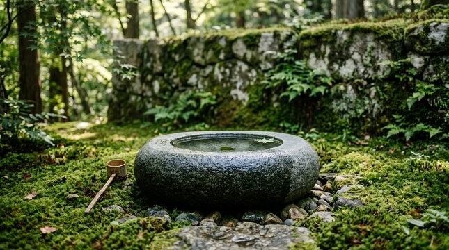 Tranquil Stone Water Basin in Lush Green Japanese Garden.