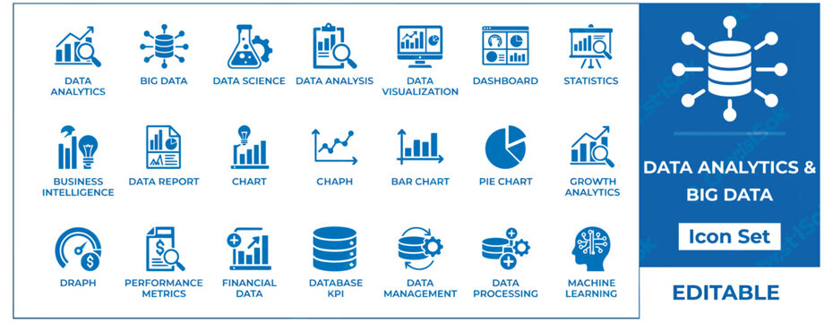 Professional data analytics and big data icon set for business intelligence and reporting tools