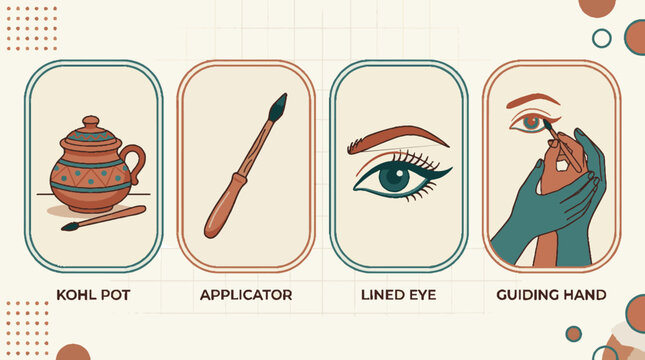 Retro style illustration showing the steps and tools for applying traditional kohl eyeliner.