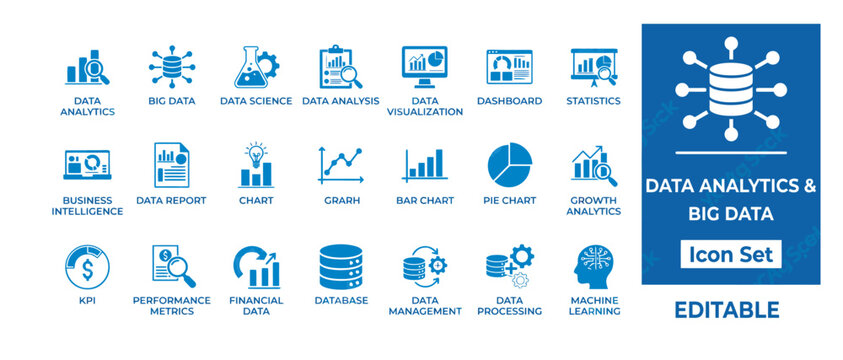 Modern data analytics and big data icon set for corporate business intelligence applications