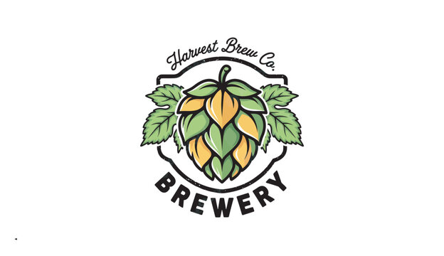 Vintage brewery logo design with hop cone and leaves for craft beer brand identity label