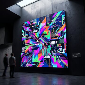 Vibrant Digital Art Display in Modern Gallery with Abstract Glitch Graphics.