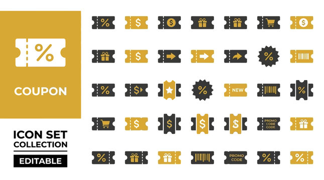 Discount coupon and promo code icon set in yellow and black