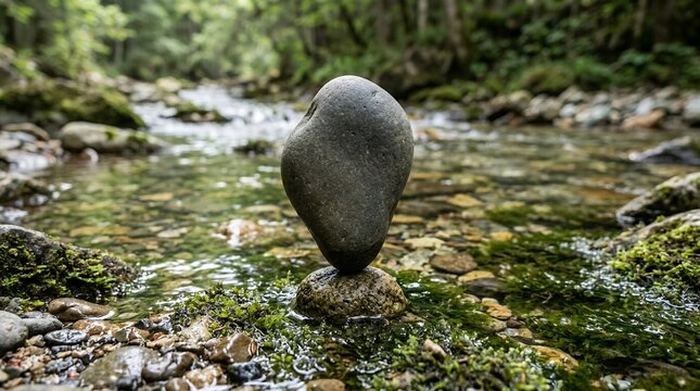 Zen stone stack balanced precariously on a mossy riverbed in a lush forest.