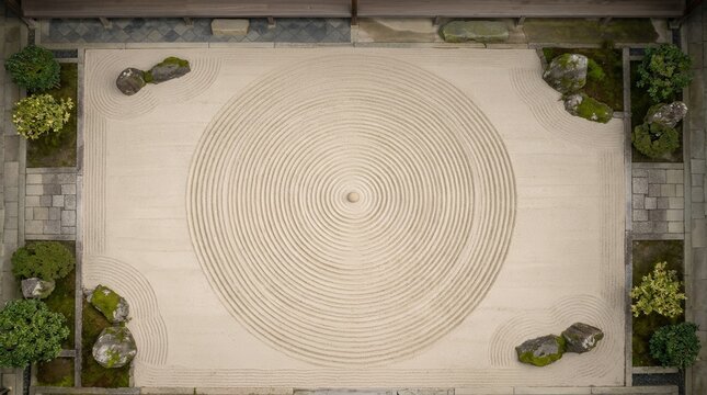 Zen Garden Raked Sand Pattern with Stones and Plants.