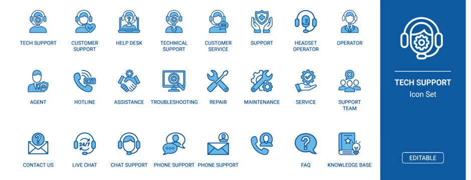 Professional tech support icon set for customer service help desk and technical assistance tools