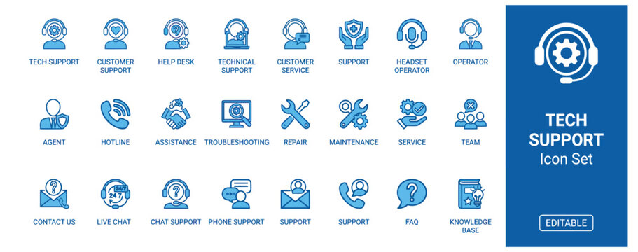 Modern tech support icon set for customer service help desk and technical assistance operations