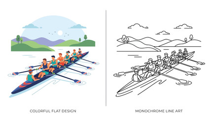 Team Rowing Boat, Colorful Flat Design and Monochrome Line Art © Zeyi