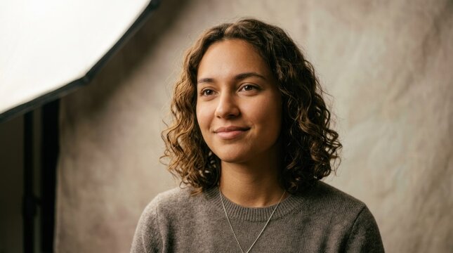 A young woman with curly hair, wearing a gray sweater, standing in front of a light-colored wall with a softbox behind her, smiling and looking directly at the camera.