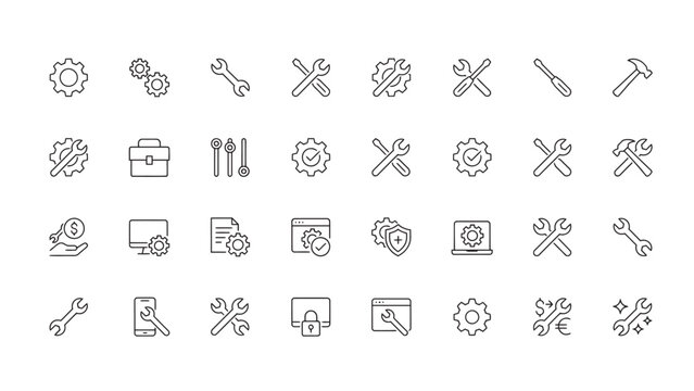 Professional set of thin line repair tools and maintenance icons for technical web services
