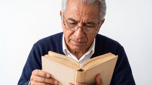 Senior Man Reading Book with Focus During Quiet Learning and Personal Development