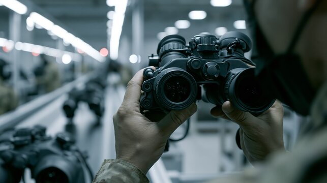 Military inspector examining night vision goggles from a conveyor belt. Concept of NVG quality control.