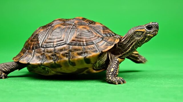 A charming turtle with a patterned shell on a vivid green backdrop