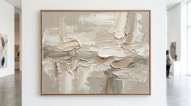 A large, abstract painting with muted tones of beige, gray, and white, hanging on a white wall in a gallery setting.