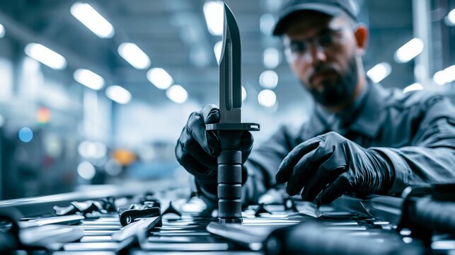 Military inspector holding a bayonet from a conveyor belt to inspect the blade. Concept of bayonet quality control.