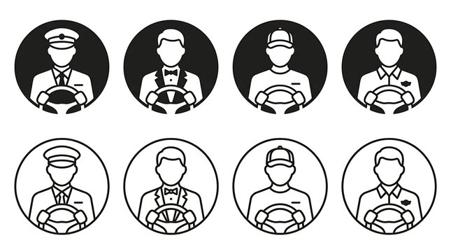 Set of professional driver icons featuring various occupations including chauffeur, taxi driver, and delivery worker in circular style