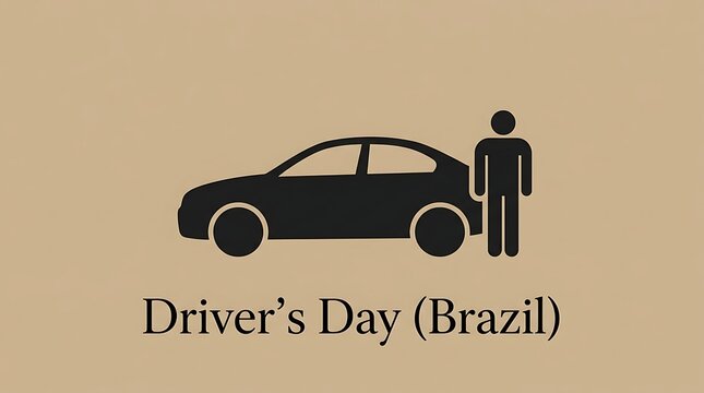 Minimalist icon of a driver standing next to a sedan car for Driver Day celebration in Brazil on a solid beige background