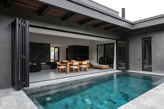 Luxury Black Mansion Showcases Folding Glass Doors with Pool View