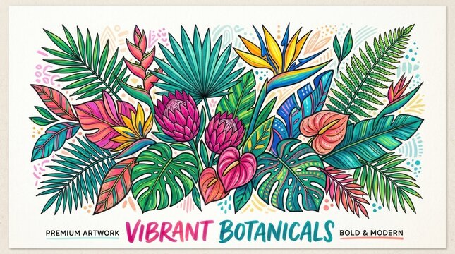 A vibrant and colorful tropical floral arrangement with a mix of leaves, flowers, and fruits in a bold and modern style.