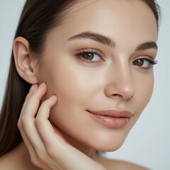 Obraz premium Close-up portrait of a woman with clear skin, natural makeup, and a gentle smile, resting her face on her hand.