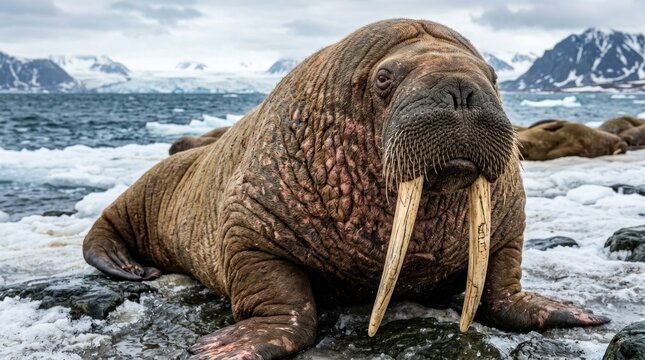 A walrus lying on a snowy beach with mountains in the background.