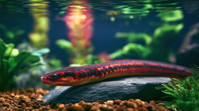 Red and brown caecilian rests on a rock beneath clear water in an aquarium setting.