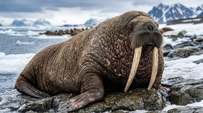 A walrus, with long tusks, sits on a rocky shoreline with snow and ice in the background, near the water.