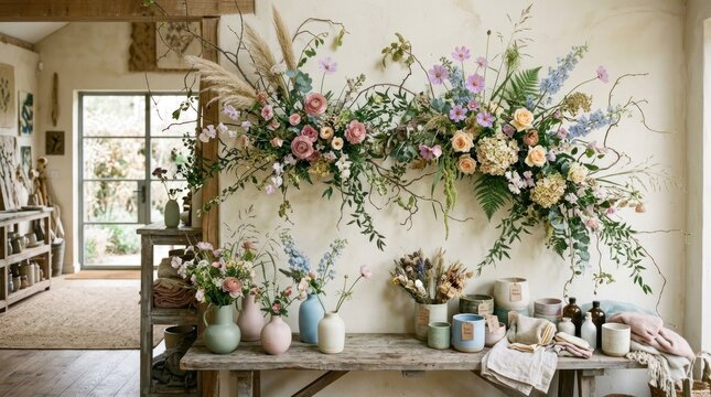 A rustic, earthy interior with a large, hanging floral arrangement on the wall, accompanied by various vases and candles on a wooden table in the foreground.