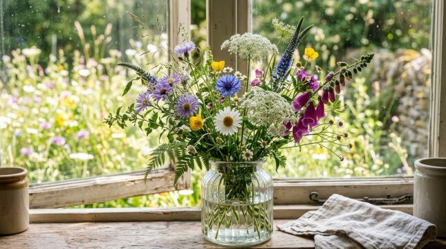 A colorful bouquet of wildflowers in a glass vase, placed on a wooden table with a window in the background, featuring a lush garden scene outside.