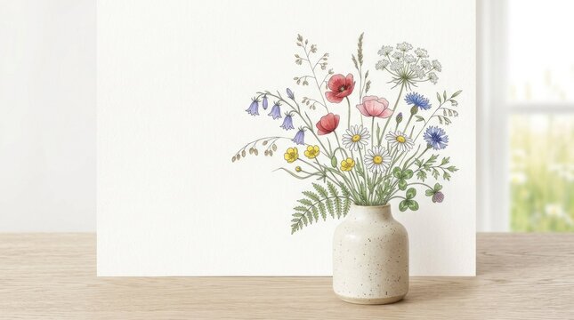 A colorful bouquet of wildflowers in a ceramic vase on a wooden table, with a white background and a window in the background.