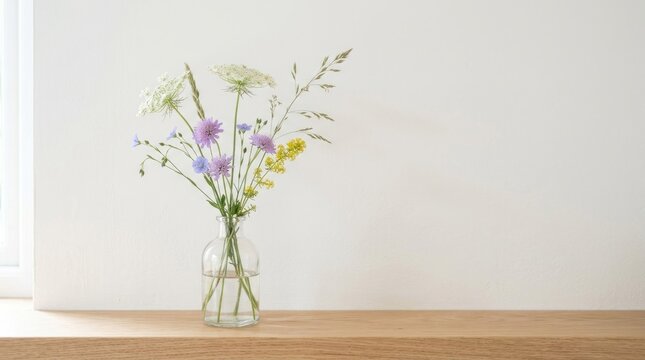 A vase with wildflowers on a wooden table against a white wall.
