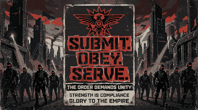 Dystopian propaganda poster featuring armed soldiers standing in a dark industrial cityscape with authoritarian slogans displayed