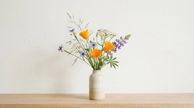A vase with a bouquet of wildflowers, including poppies and lupines, placed on a wooden table against a white wall.