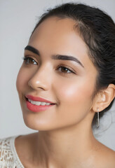 Obraz premium Smiling young woman with natural makeup and healthy skin, beauty and skincare concept, close up portrait