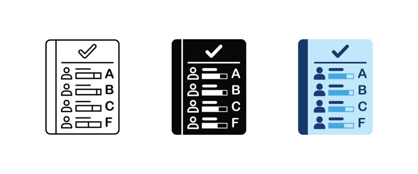 Gradebook icon, Student performance report score sheet symbol, Academic result evaluation graphics, Vector illustration