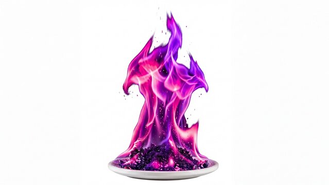 Vibrant purple and pink fire flame burning on a plate isolated on white