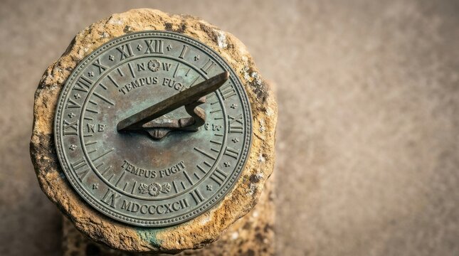 Antique brass sundial resting on natural stone base, for inevitable passage time ancient concept temporality through latin phrase tempus fugit for eternity