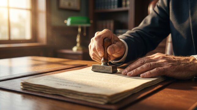 Professional businessman stamping legal document on wooden desk, for official approval, legal certification, business agreement, finalization formal contract process
