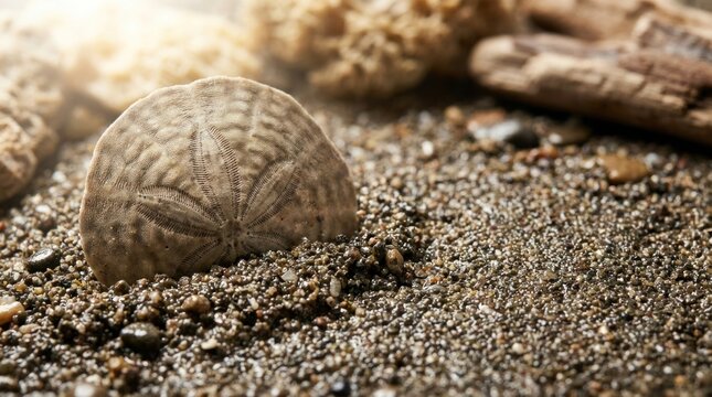 Sand dollar shell resting on wet sandy beach with soft natural lighting, for peaceful essence ocean life for quiet beauty coastal nature serenity