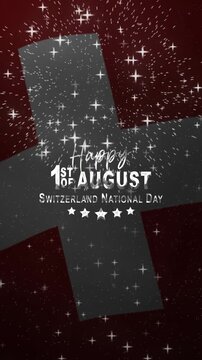 Happy switzerland national day text animation with waving flag and fireworks. Ideal for swiss holiday promotions and event designs.