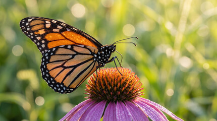 Obraz premium Monarch Butterfly Resting on Purple Coneflower in Meadow